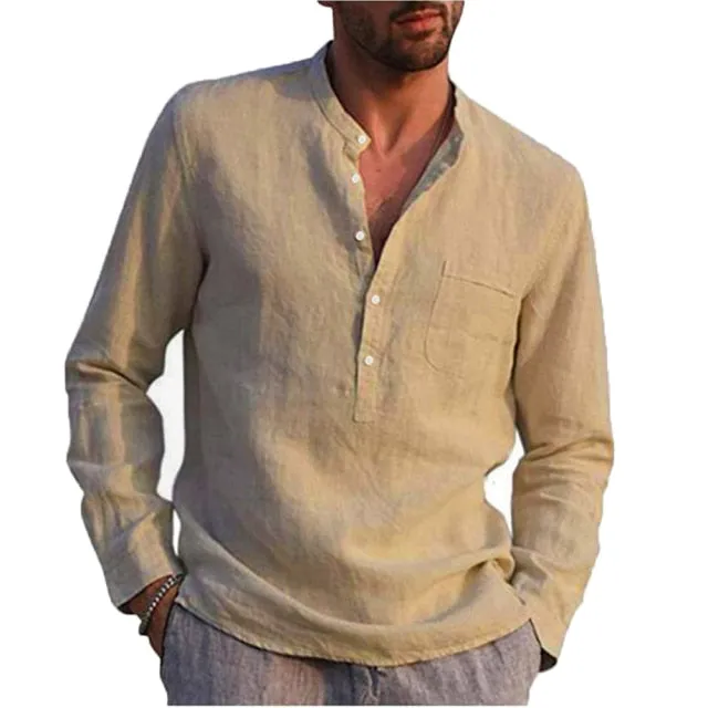 100% Cotton Linen Hot Sale Mens Long-Sleeved Shirts