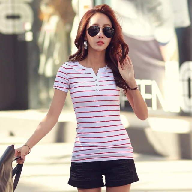 2021 Summer Top Shirts V-neck T Shirt Women Short Sleeve Casual tshirts White Strip T-Shirt Plus Size Cotton Tee Shirt  3188