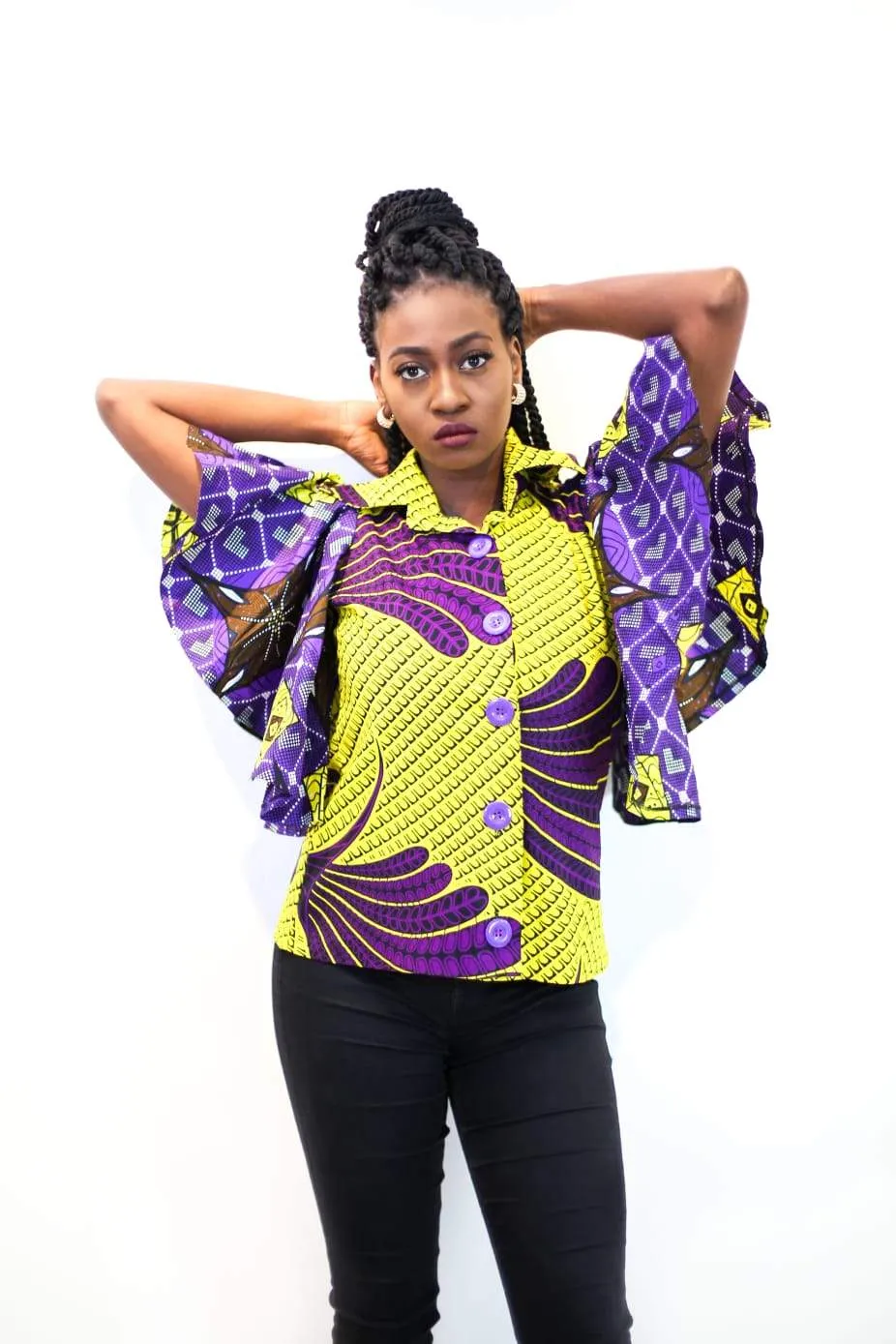 African Print Flare Sleeve Ankara Collar Shirts - Purple