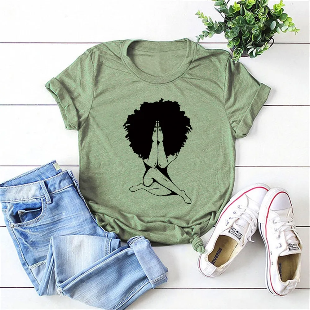 Afro woman Praying T-shirt Nubian Princess Queen Afro Hair Style Shirt Black Girl Melanin Shirts