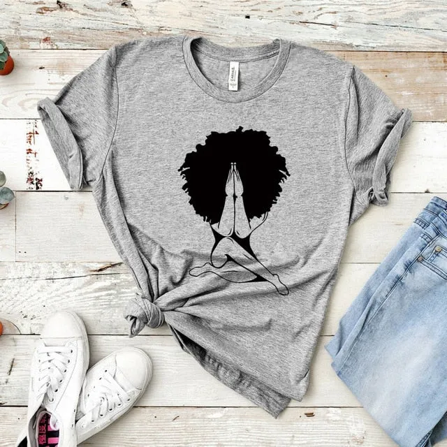 Afro woman Praying T-shirt Nubian Princess Queen Afro Hair Style Shirt Black Girl Melanin Shirts