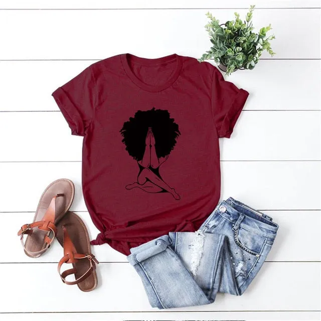 Afro woman Praying T-shirt Nubian Princess Queen Afro Hair Style Shirt Black Girl Melanin Shirts