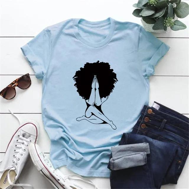 Afro woman Praying T-shirt Nubian Princess Queen Afro Hair Style Shirt Black Girl Melanin Shirts