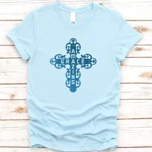 Amazing Grace Filigree Cross T-Shirt - Light Blue Colors