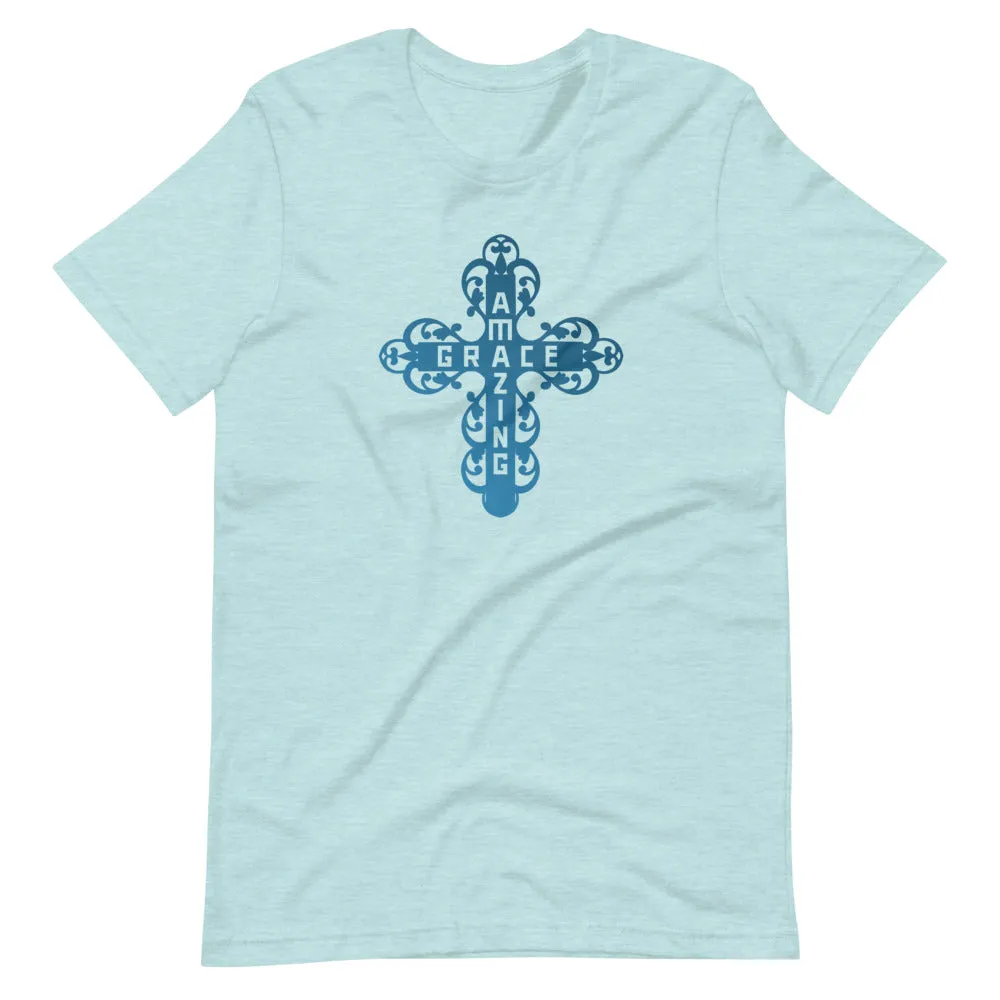 Amazing Grace Filigree Cross T-Shirt - Light Blue Colors