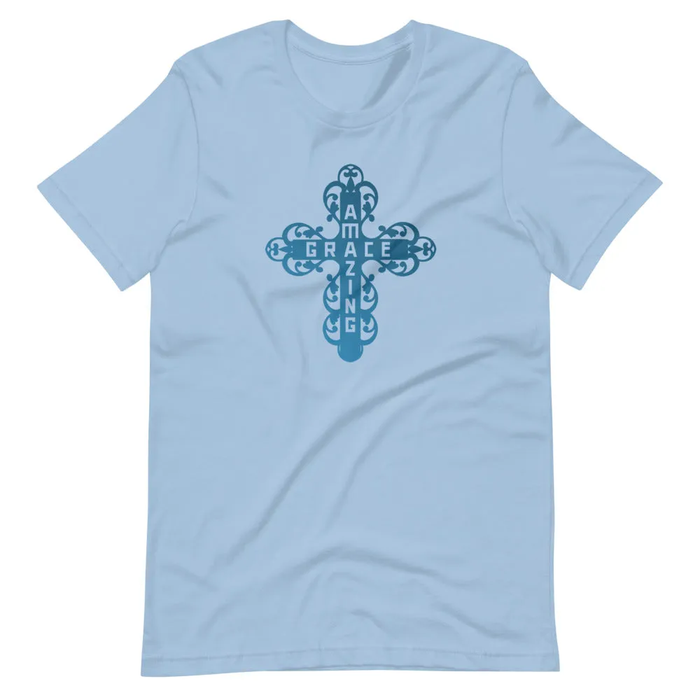 Amazing Grace Filigree Cross T-Shirt - Light Blue Colors