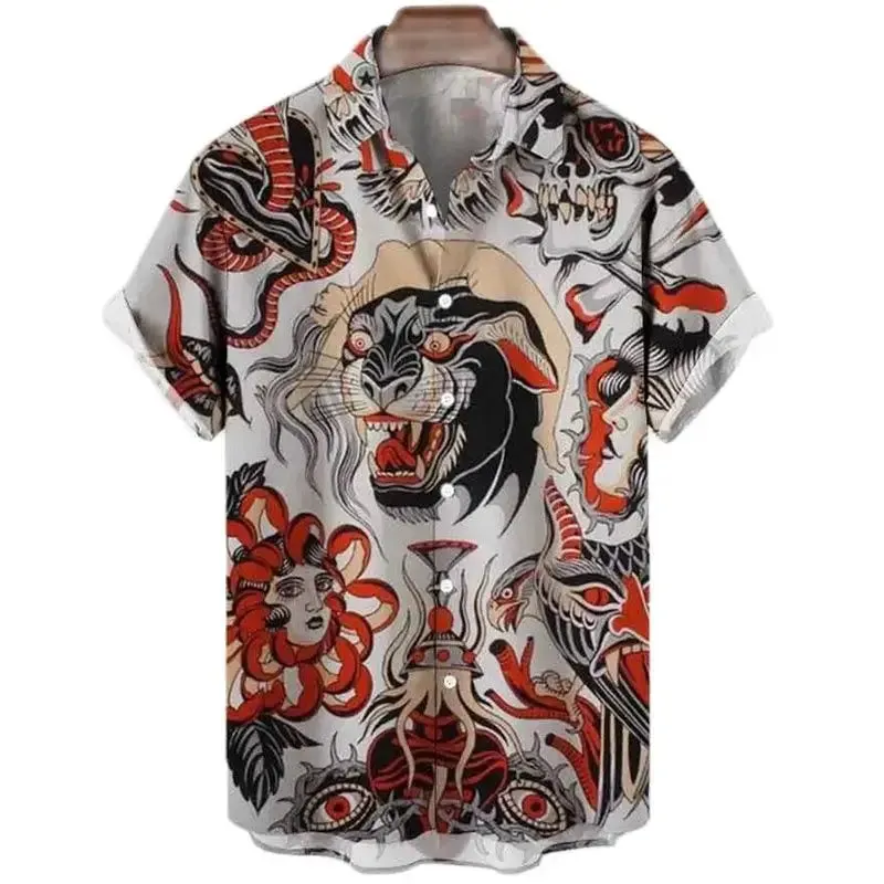 Animal Elements Print Shirts For Men 3D Tiger Graphic T Shirts Streetwear Fashion Trend Short Sleeve Men’s Single-Breasted Shirt