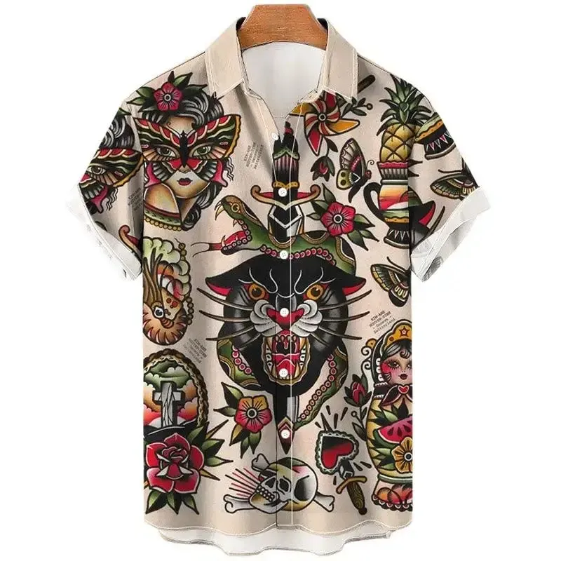 Animal Elements Print Shirts For Men 3D Tiger Graphic T Shirts Streetwear Fashion Trend Short Sleeve Men’s Single-Breasted Shirt