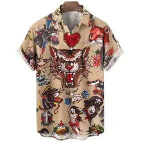 Animal Elements Print Shirts For Men 3D Tiger Graphic T Shirts Streetwear Fashion Trend Short Sleeve Men’s Single-Breasted Shirt