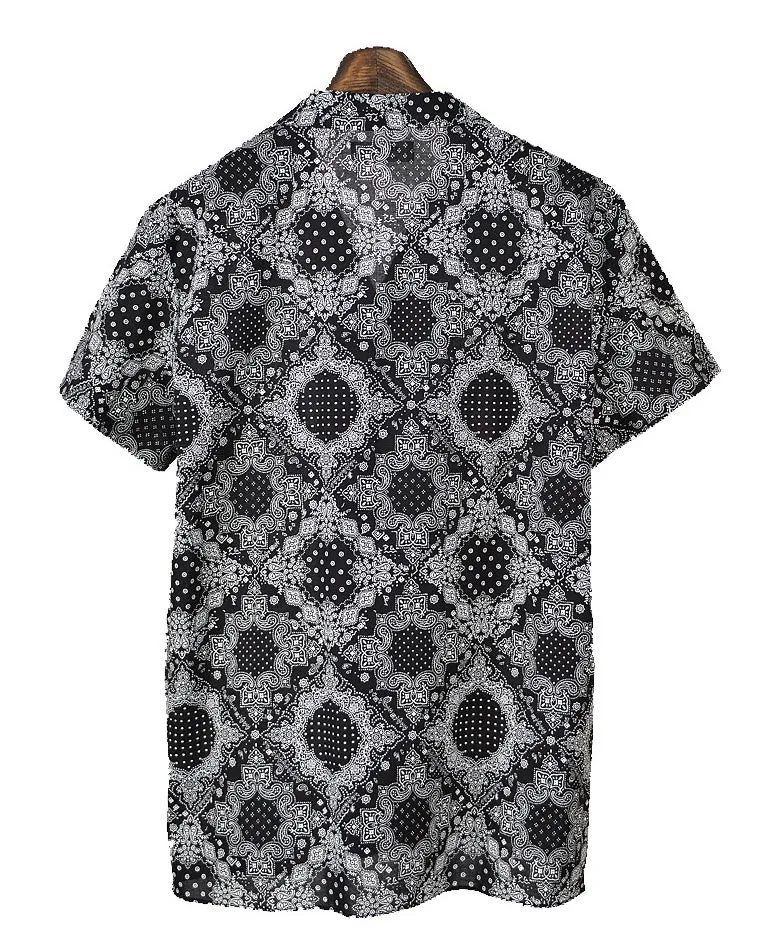 Black Bandana Open Collared Short Sleeve Casual Shirts Mens Cotton Top