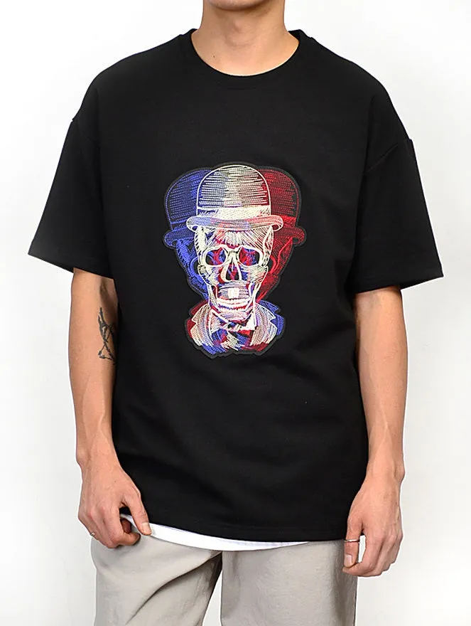 Black Fedora Skull Graphic Short Sleeved T-Shirts Mens Loose Fit Tees