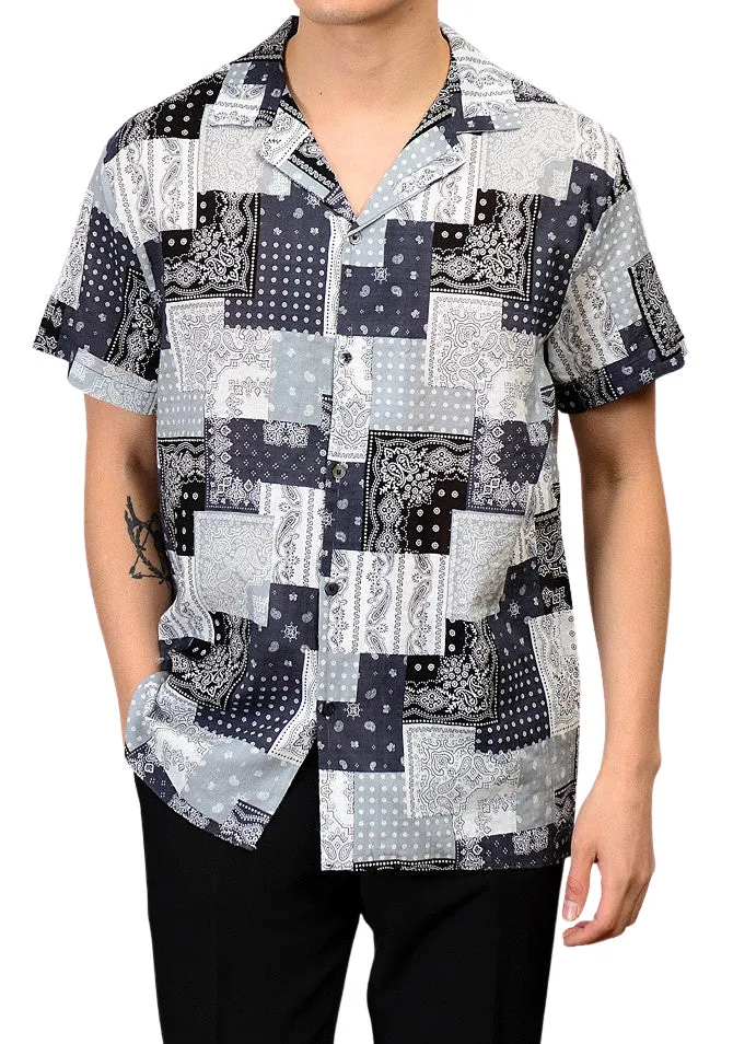 Black Paisley Open Collared Short Sleeve Casual Shirts Mens Rayon Tops