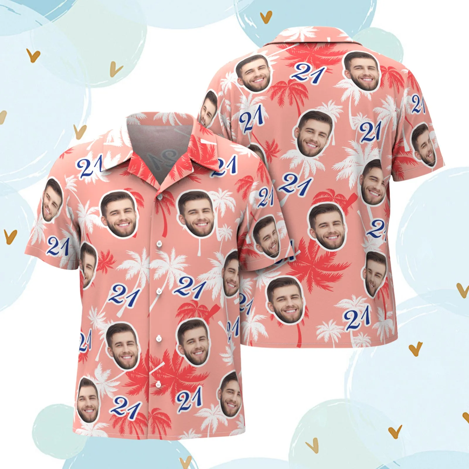 Custom Face And Number Birthday Hawaiian Shirts Red And White Coconut Tree Shirts