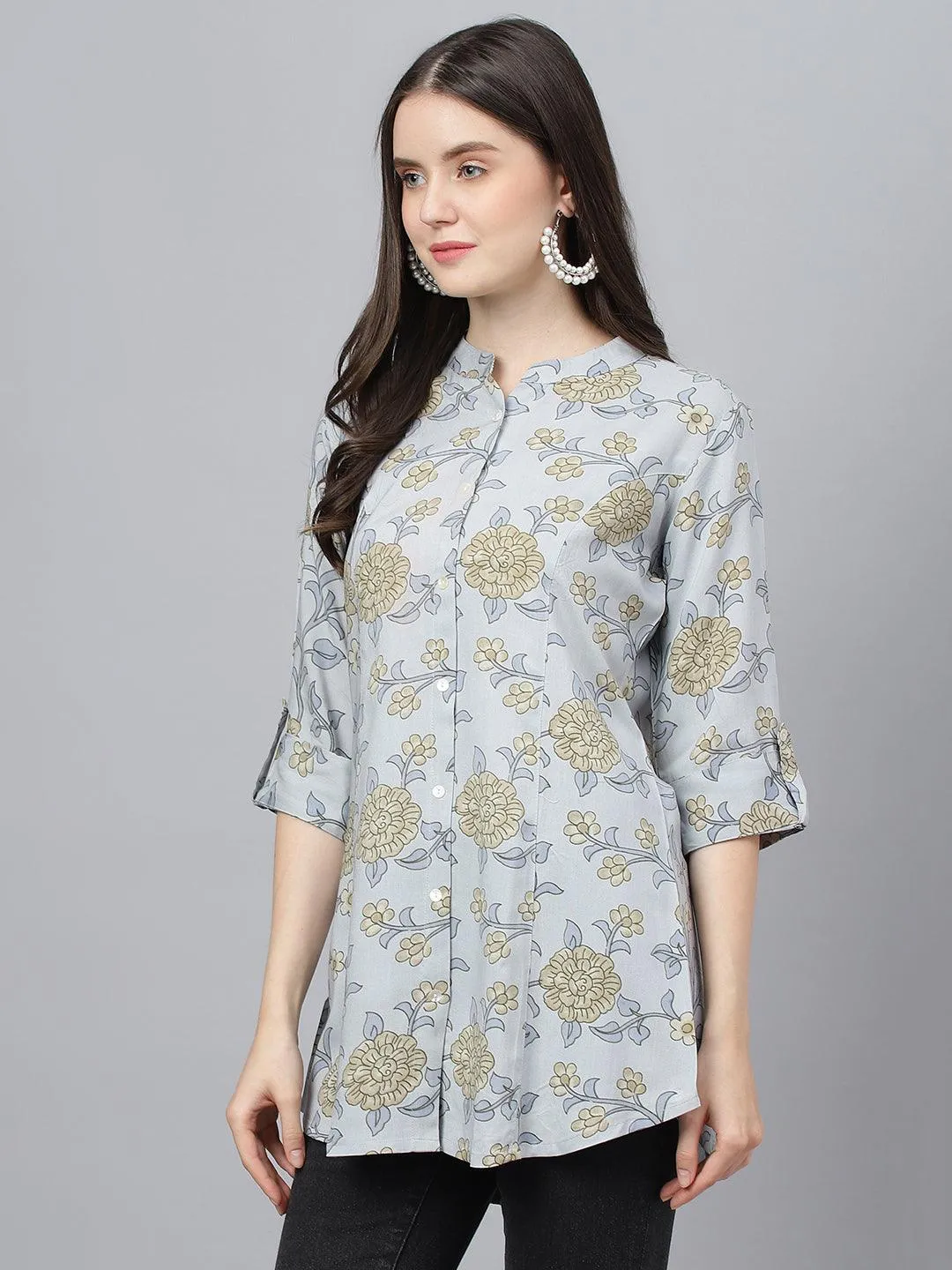 Divena Dusty Blue Floral printed Rayon A-line Shirts Style Top