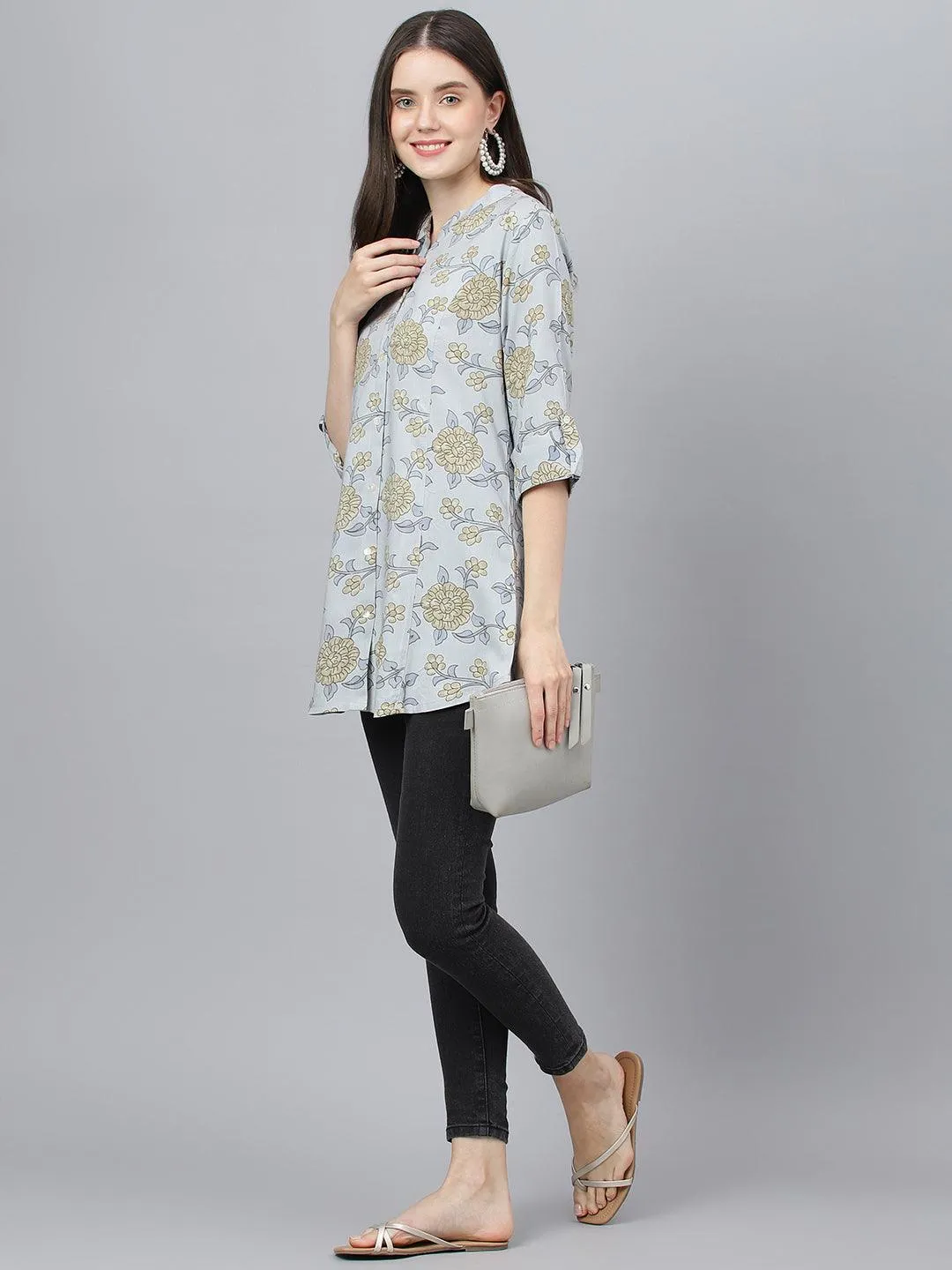 Divena Dusty Blue Floral printed Rayon A-line Shirts Style Top