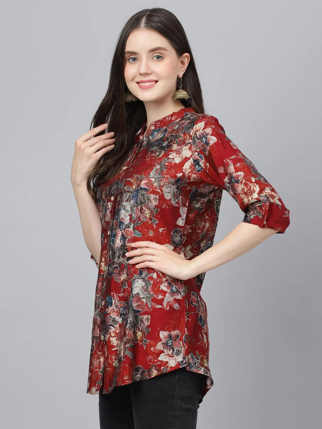 Divena Maroon Floral Printed Modal A-Line Shirts Style Top