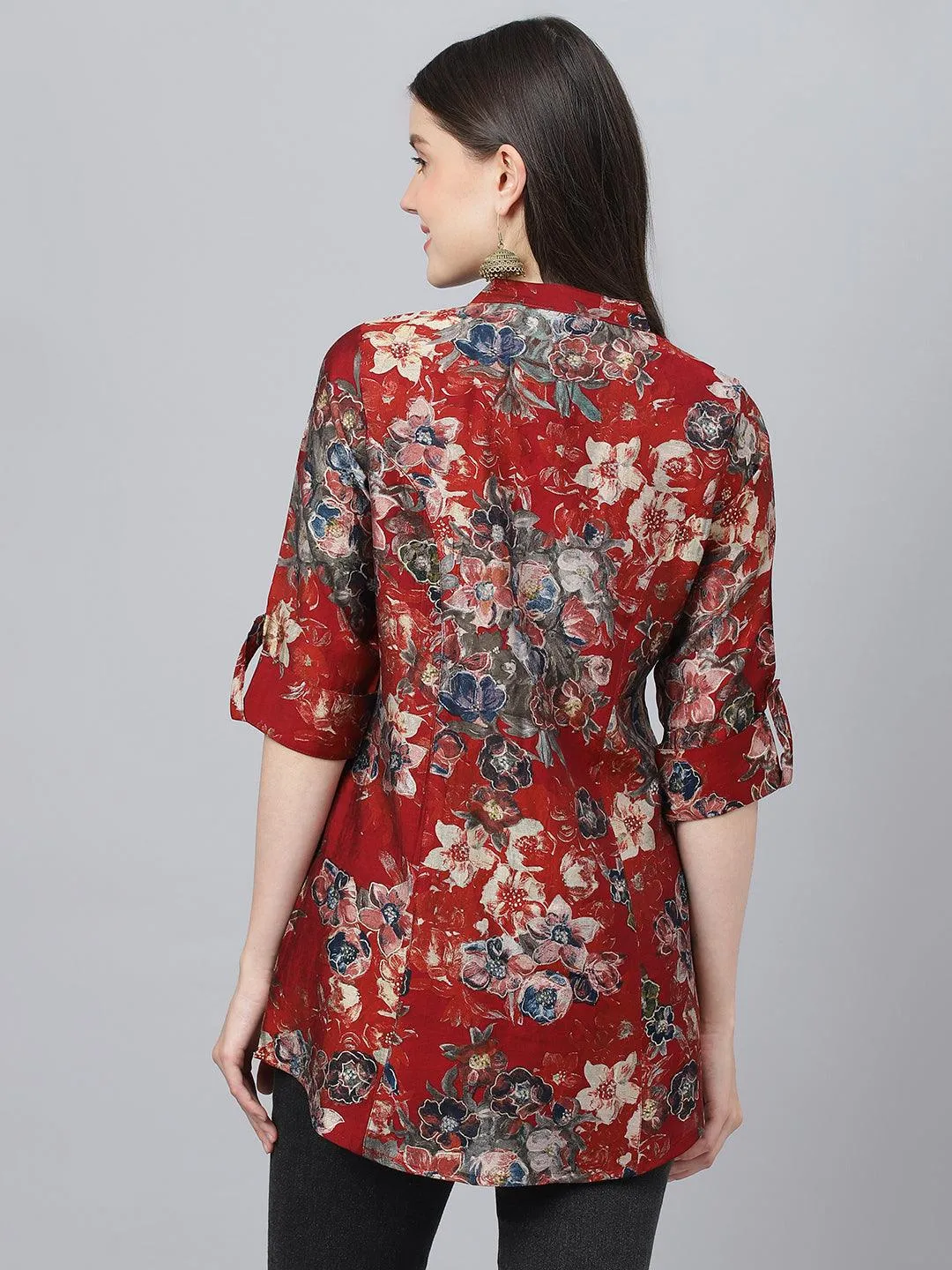 Divena Maroon Floral Printed Modal A-Line Shirts Style Top