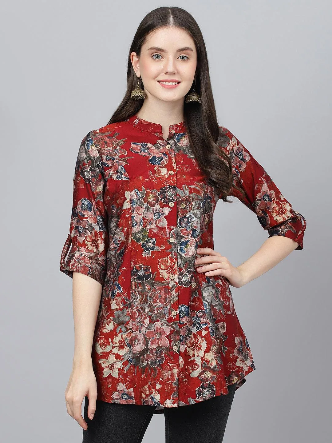 Divena Maroon Floral Printed Modal A-Line Shirts Style Top