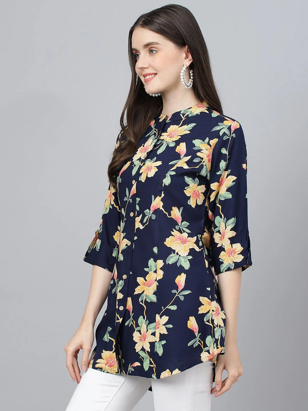 Divena Navy Blue Floral printed Rayon A-line Shirts Style Top