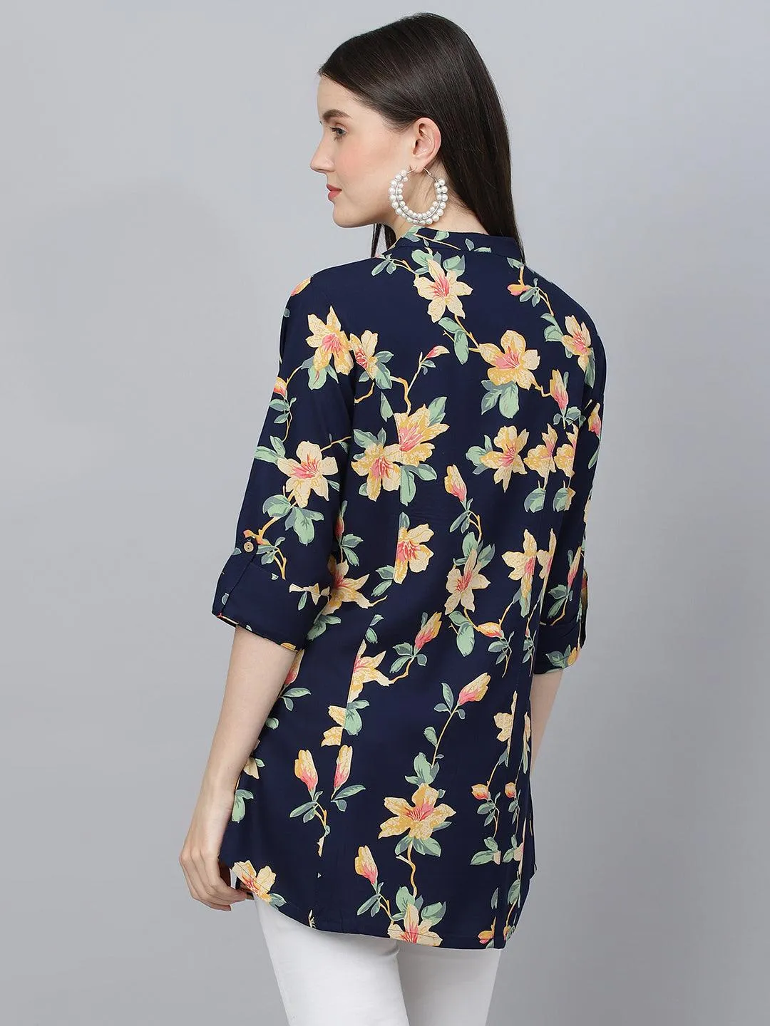 Divena Navy Blue Floral printed Rayon A-line Shirts Style Top