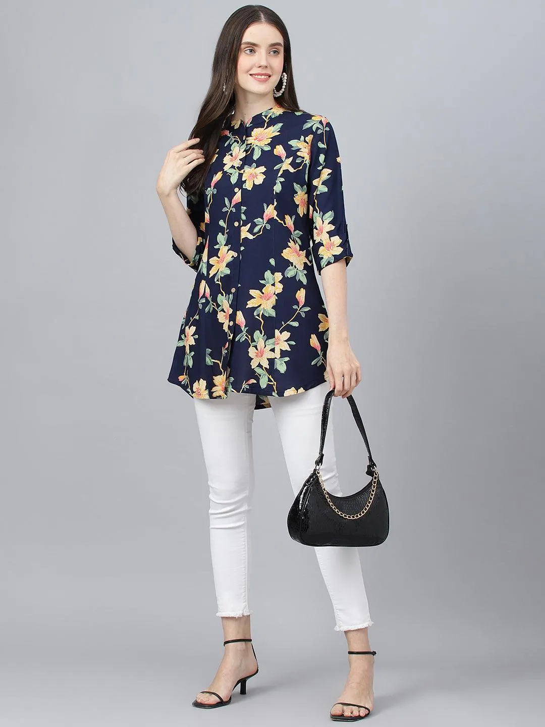 Divena Navy Blue Floral printed Rayon A-line Shirts Style Top