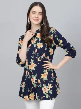 Divena Navy Blue Floral printed Rayon A-line Shirts Style Top