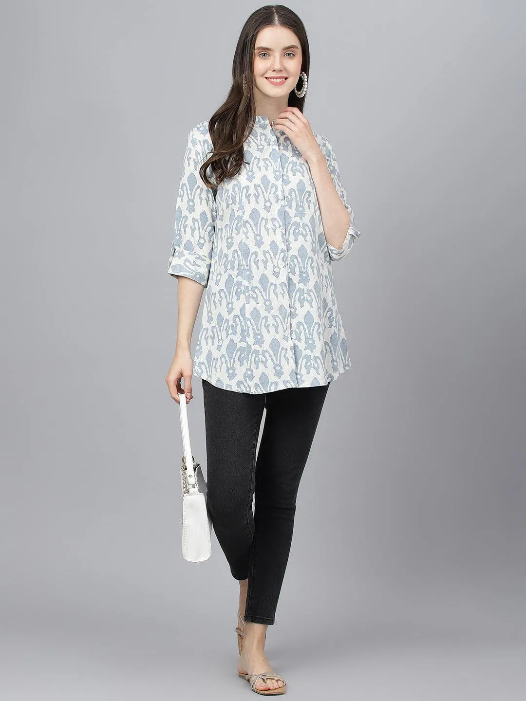 Divena Off white Abstract printed Rayon A-line Shirts Style Top