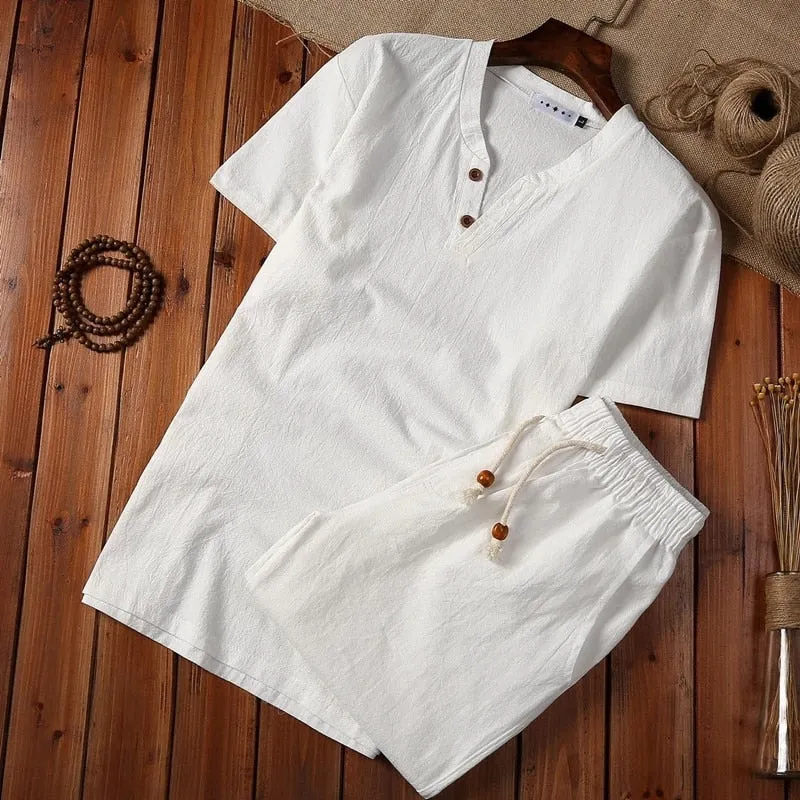 Foesce-(Shirt   shorts) summer fashion Short sleeve men shirt Cotton shirts men's casual elastic waist shirts men full size M-5XL