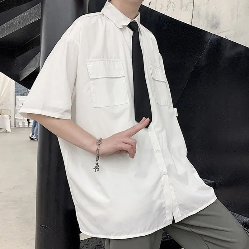 Foesce- 2 Men's White Shirts with Tie Set Preppy Uniform DK Loose Long Sleeve Shirt Couple Loose Basic Short Shirts Asian Size