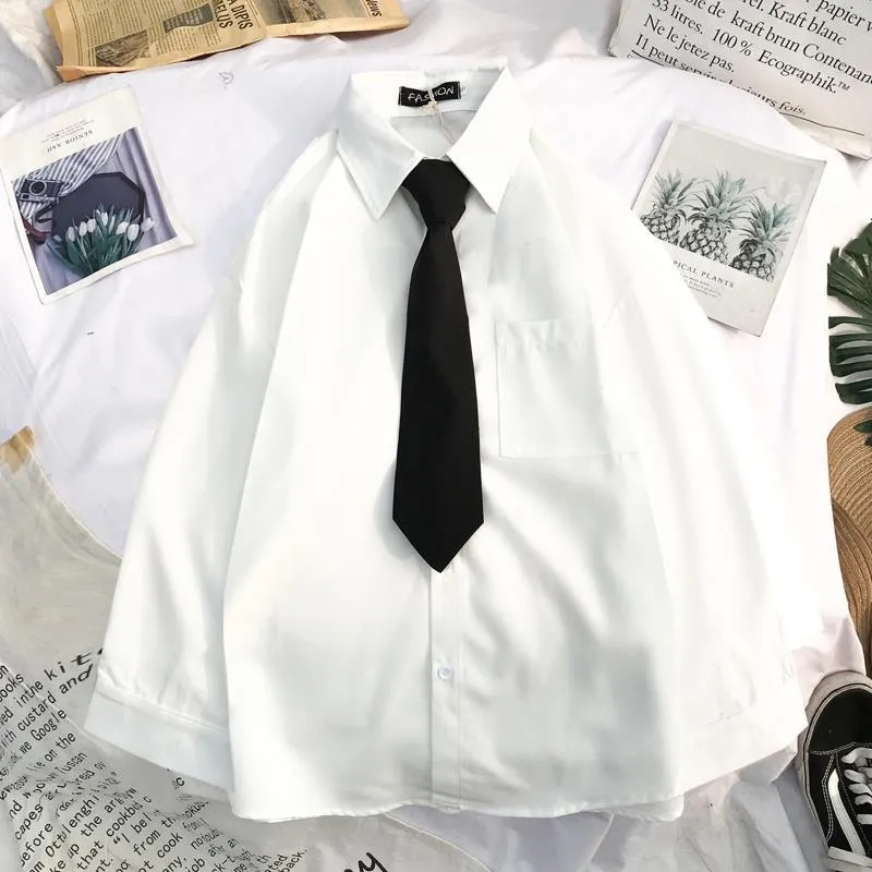 Foesce- 2 Men's White Shirts with Tie Set Preppy Uniform DK Loose Long Sleeve Shirt Couple Loose Basic Short Shirts Asian Size