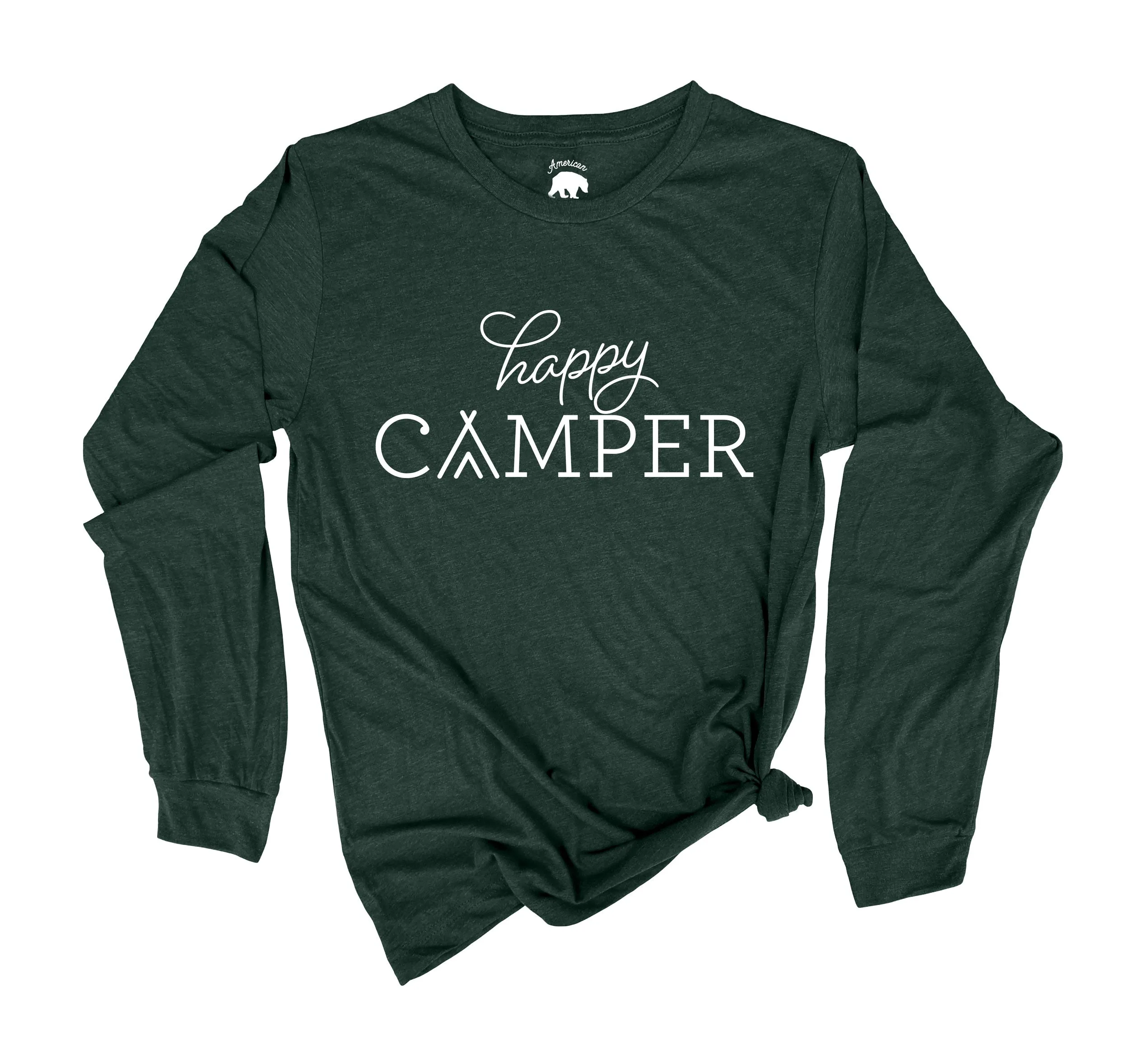 Happy Camper Script Adult Long Sleeve Shirts - light or dark artwork