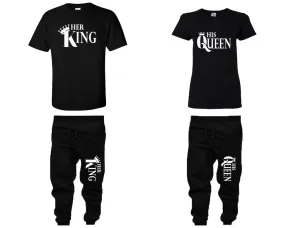 Her King His Queen Couple Matching T Shirts and Jogger Pants Top Bottom Matching Set