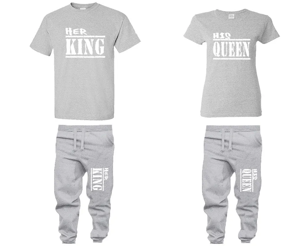 Her King His Queen Couple Matching T Shirts and Jogger Pants Top Bottom Matching Set