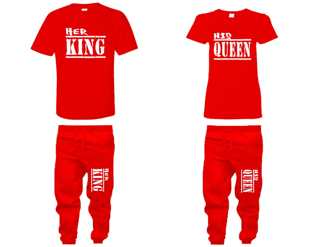 Her King His Queen Couple Matching T Shirts and Jogger Pants Top Bottom Matching Set