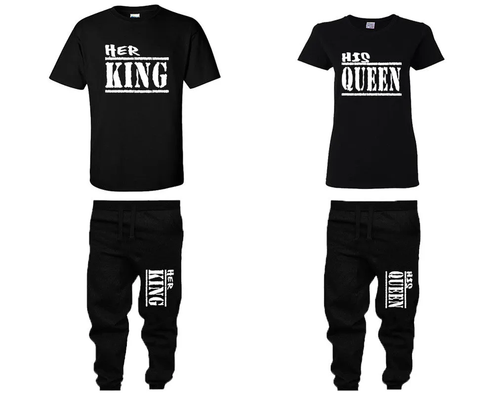 Her King His Queen Couple Matching T Shirts and Jogger Pants Top Bottom Matching Set