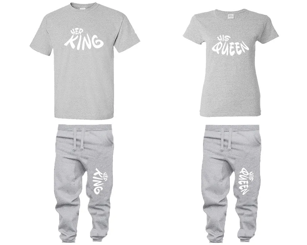 Her King His Queen Couple Matching T Shirts and Jogger Pants Top Bottom Matching Set