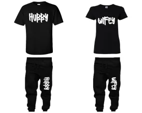 Hubby Wifey Couple Matching T Shirts and Jogger Pants Top Bottom Matching Set