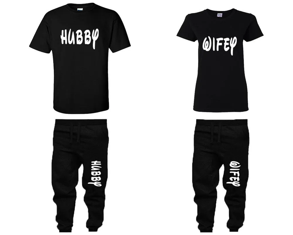 Hubby Wifey Couple Matching T Shirts and Jogger Pants Top Bottom Matching Set