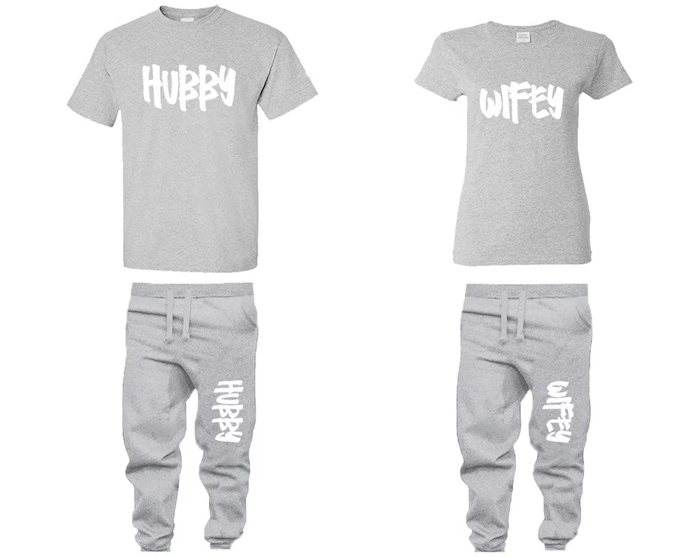 Hubby Wifey Couple Matching T Shirts and Jogger Pants Top Bottom Matching Set