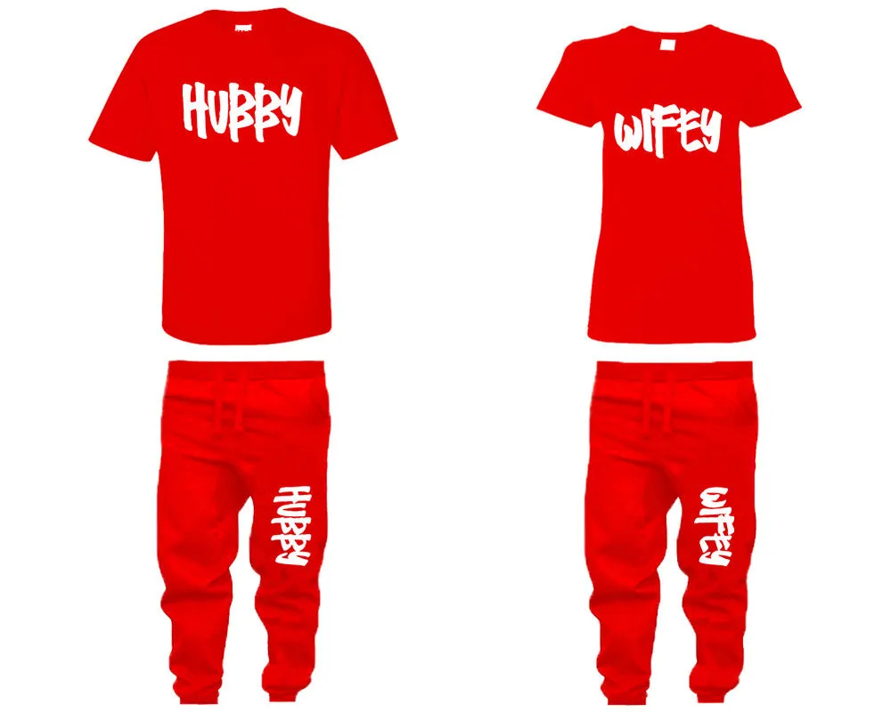 Hubby Wifey Couple Matching T Shirts and Jogger Pants Top Bottom Matching Set