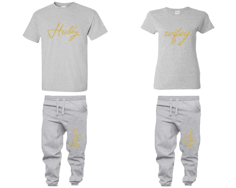 Hubby Wifey Couple Shirts and Jogger Pants,  Gold Glitter Design