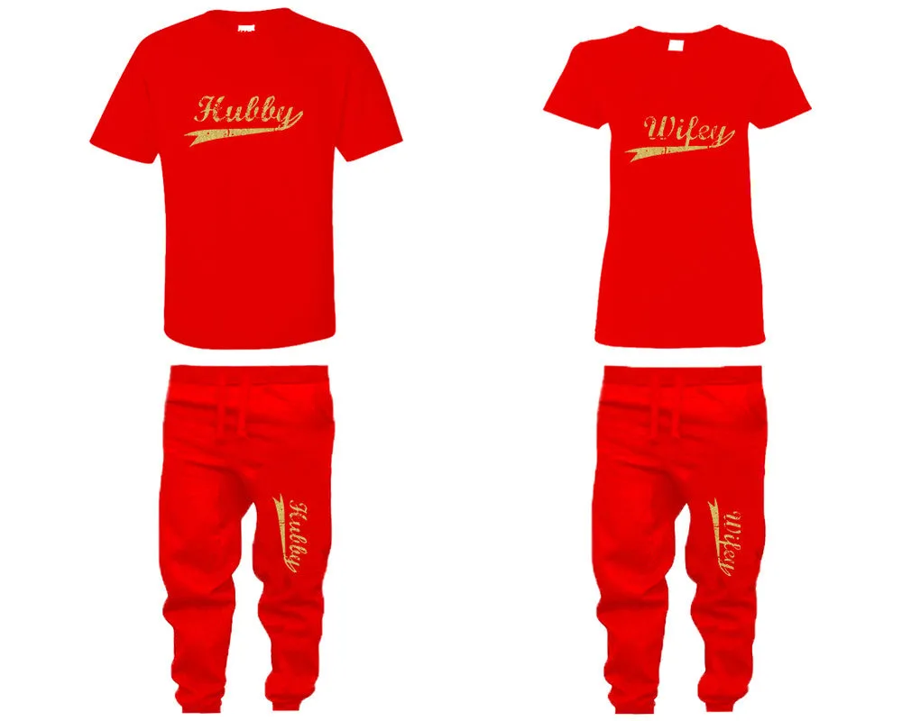 Hubby Wifey Couple Shirts and Jogger Pants,  Gold Glitter Design