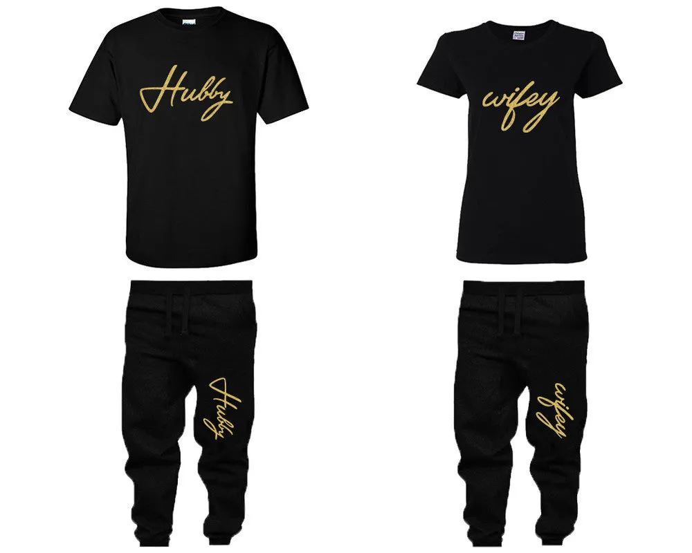 Hubby Wifey Couple Shirts and Jogger Pants,  Gold Glitter Design