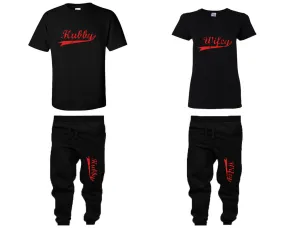 Hubby Wifey Couple Shirts and Jogger Pants, Red Design