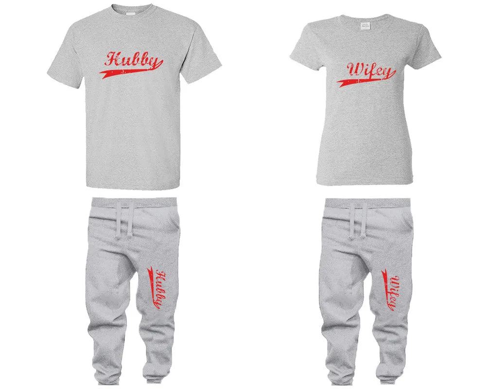 Hubby Wifey Couple Shirts and Jogger Pants, Red Design