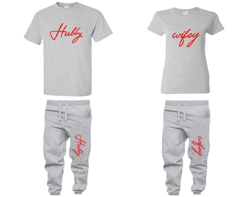 Hubby Wifey Couple Shirts and Jogger Pants,  Red Design