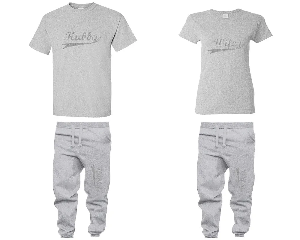 Hubby Wifey Couple Shirts and Jogger Pants, Silver Glitter Design