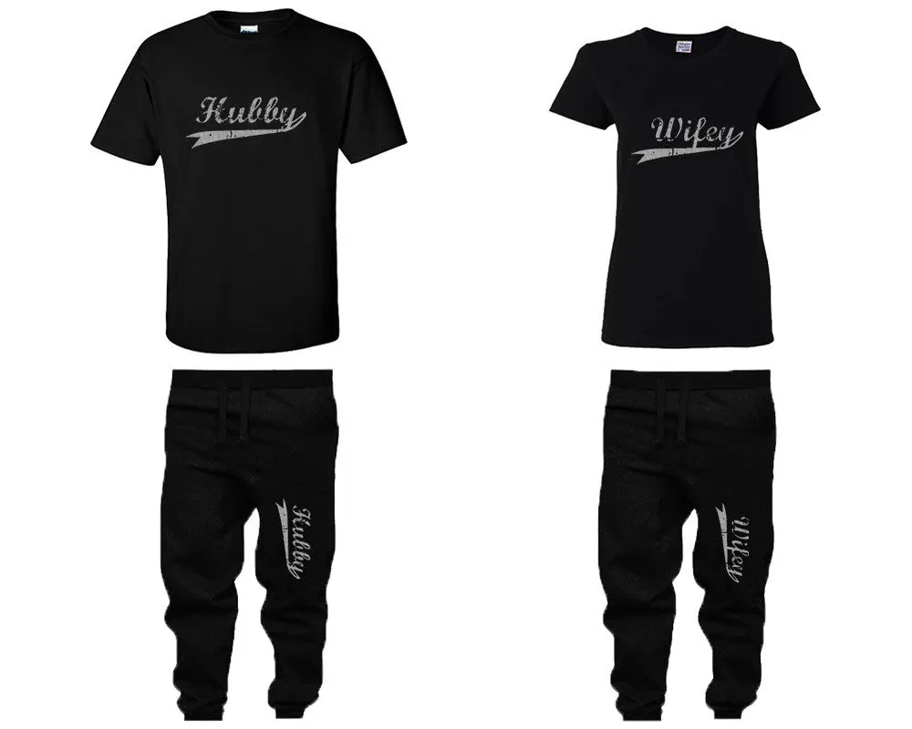 Hubby Wifey Couple Shirts and Jogger Pants, Silver Glitter Design