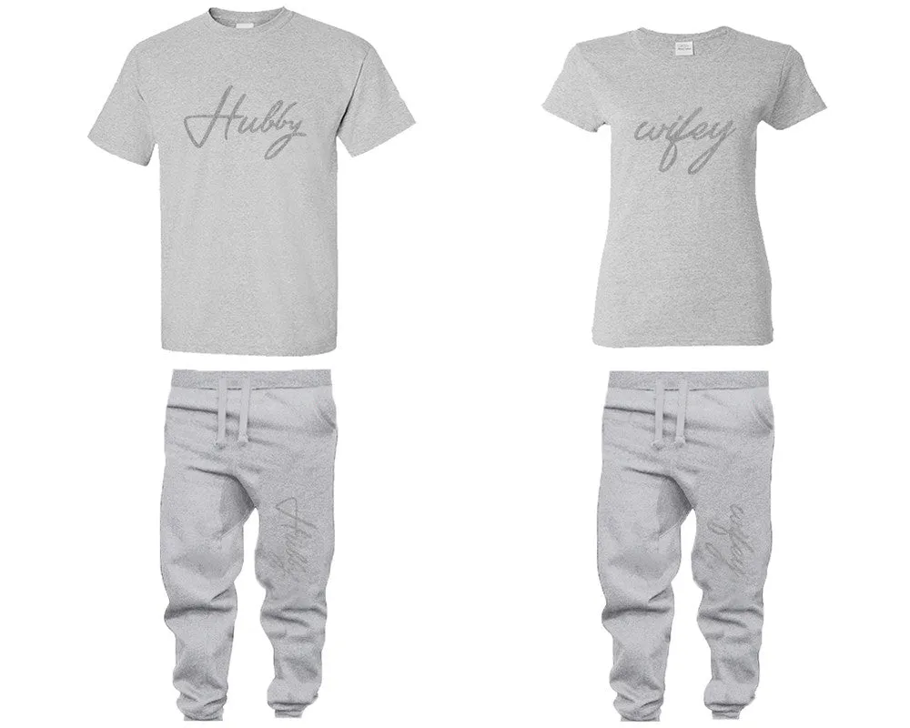 Hubby Wifey Couple Shirts and Jogger Pants,  Silver Glitter Design