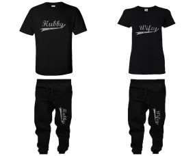 Hubby Wifey Couple Shirts and Jogger Pants, Silver Glitter Design